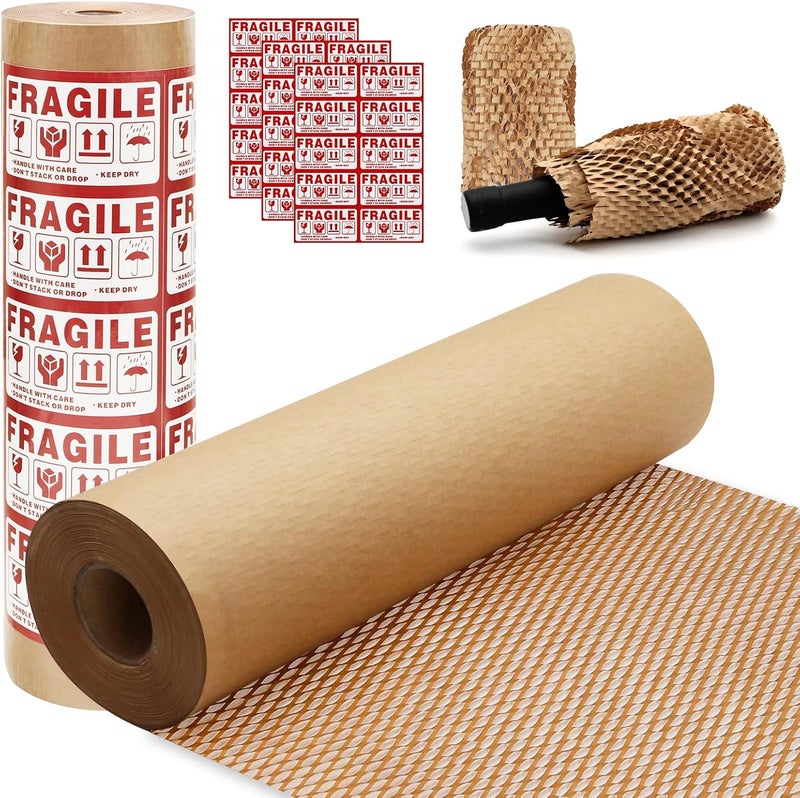 Pine nuts Honeycomb Packing Paper 15" x 131' Eco Friendly Packing for Moving Recyclable Honeycomb Paper Bubble Wrapping with 30 Fragile Sticker Labels and 66fthemp rope (Brown) - Image 2